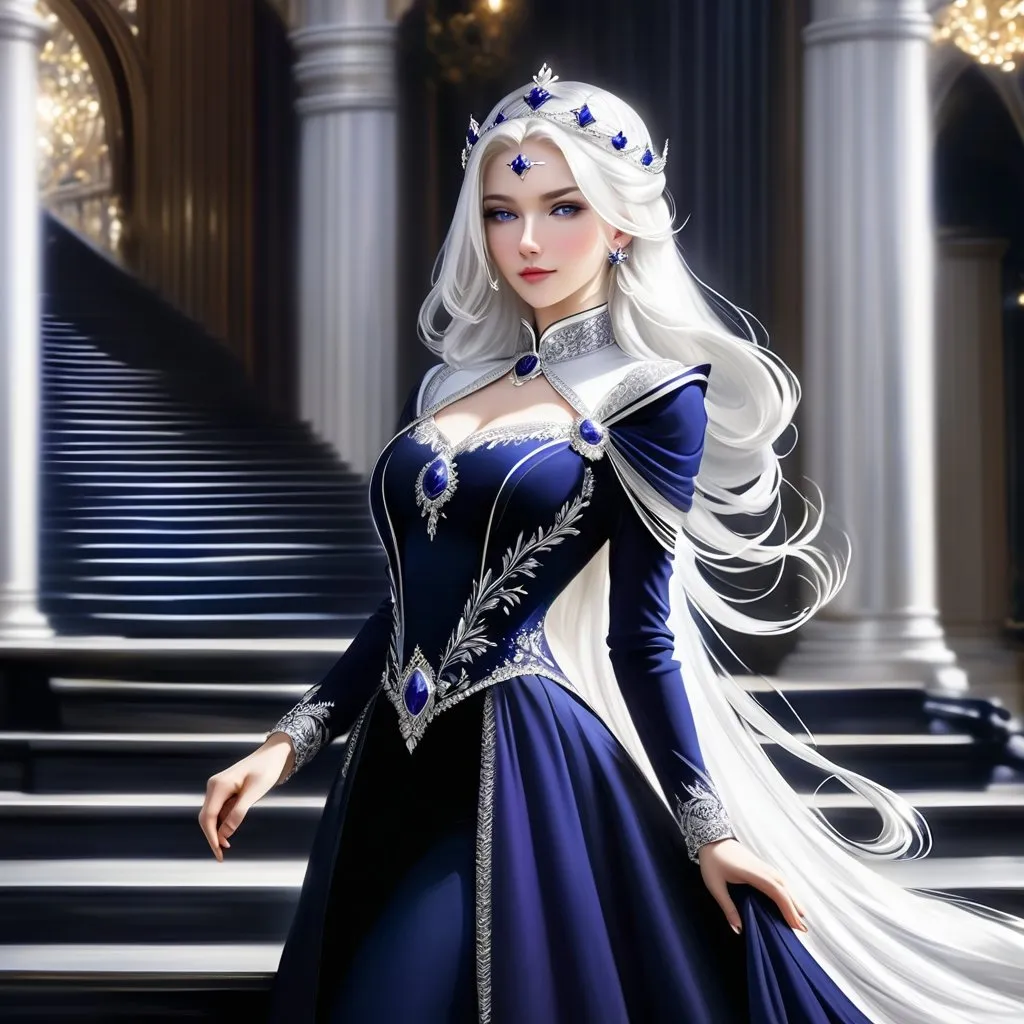 Prompt: A portrayal of a regal looking young woman in her early twenties, with sleek, long white hair, a silver circlet on top of her head, mesmerising violet eyes, high cheekbones, fair skin, narrow waist, slim complexion, wearing an elegant dark navy ball gown with intricate embroidered details, standing on a majestic staircase.