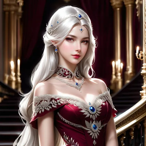 Prompt: A regal looking young woman in her early twenties, with sleek, long white hair, a silver circlet on top of her head, mesmerising silver eyes, high cheekbones, fair skin, lean complexion, wearing an elegant dark crimson ball gown with intricate embroidered details, standing on a majestic staircase.
