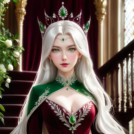Prompt: A portrayal of a regal looking young woman in her early twenties, with sleek, long white hair, a silver circlet on top of her head, mesmerising green eyes, high cheekbones, fair skin, lean complexion, wearing an elegant dark crimson ball gown with intricate embroidered details, standing on a majestic staircase.