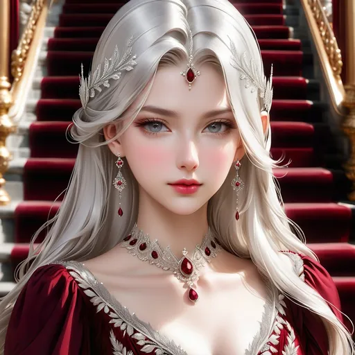 Prompt: A portrayal of a regal looking young woman in her early twenties, with sleek, long white hair, a silver circlet on top of her head, mesmerising grey eyes, high cheekbones, fair skin, lean complexion, wearing an elegant dark crimson ball gown with intricate embroidered details, standing on a majestic staircase.