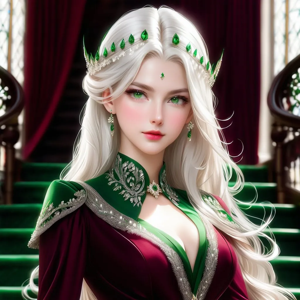 Prompt: A regal looking young woman in her early twenties, with sleek, long white hair, a silver circlet on top of her head, mesmerising green eyes, high cheekbones, fair skin, lean complexion, wearing an elegant dark crimson ball gown with intricate embroidered details, standing on a majestic staircase.
