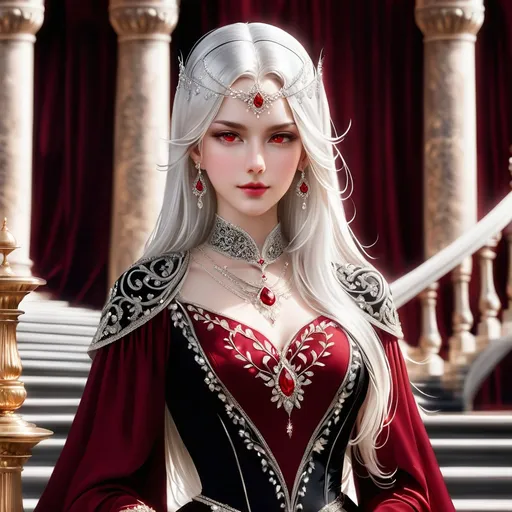 Prompt: A regal looking young woman in her early twenties, with sleek, long white hair, a silver circlet on top of her head, mesmerising red eyes, high cheekbones, fair skin, lean complexion, wearing an elegant dark crimson ball gown with intricate embroidered details, standing on a majestic staircase.
