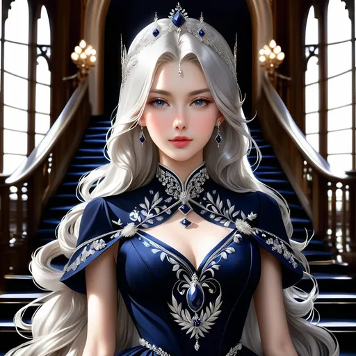 Prompt: A portrayal of a regal looking young woman in her early twenties, with sleek, long white hair, a silver circlet on top of her head, mesmerising grey eyes, high cheekbones, fair skin, lean complexion, wearing an elegant dark navy ball gown with intricate embroidered details, standing on a majestic staircase.