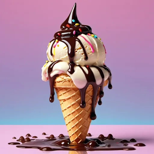 Prompt: One-dollar ice cream cone, realistic digital painting, melting vanilla scoop on crispy cone, dripping chocolate syrup, colorful sprinkles, high quality, realistic, vibrant colors, natural lighting