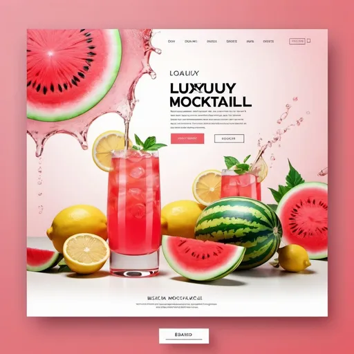 Prompt: luxury mocktail brand landing page design, (elegant and sophisticated layout), colorful watermelons, vibrant lemons, refreshing ice effects in the background, stylish brand name in the foreground, polished typography, enticing visual appeal, modern and professional aesthetics, high-quality presentation, inviting ambiance, (luxurious and refreshing) tone, focus on freshness and luxury.