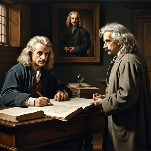 Prompt: Isaac Newton presenting equations to Albert Einstein, detailed historical clothing, classic oil painting style, intense and focused gaze, 17th-century setting, detailed facial features, scholarly atmosphere, realistic lighting and shadows, high quality, oil painting, historical, detailed clothing, scholarly, intense gaze, 17th century, realistic lighting