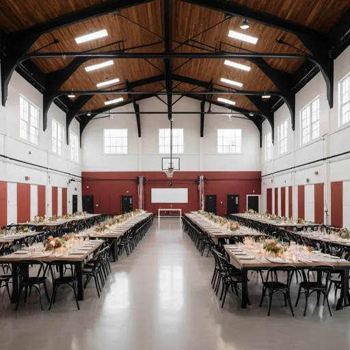 Prompt: Design an 8000 square foot gymnasium converted into a venue space with tables
