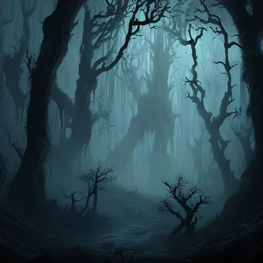 Prompt: fantasy haunted dark forest, heavilly foggy, detailed, digital art, a dark forest with evil spirits that lurk in the shadows