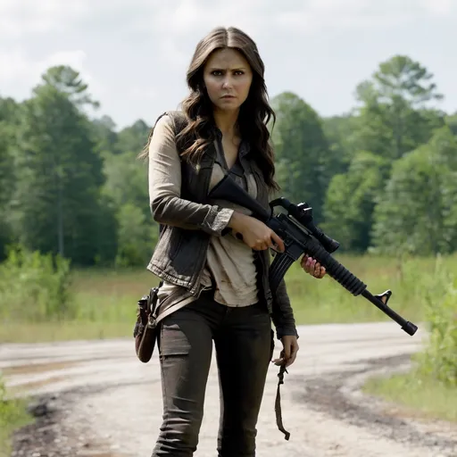 Prompt: Nina dobrev in the walking dead detailed, survival holding a gun