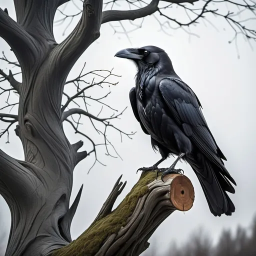 Prompt: A black raven perched on a twisted tree in year 
1605
