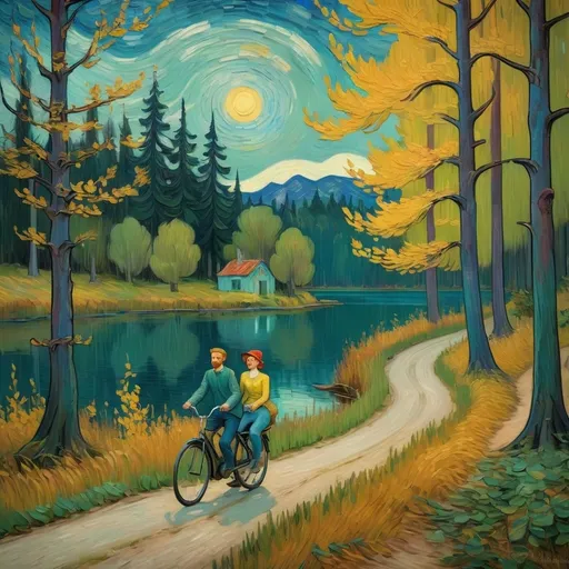 Prompt: a mysterious forest next to a lake, with small road, smiling couple on the bikes, Van Gogh style,