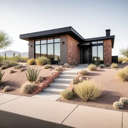 Prompt: Modern small brick home in the desert. Black trim, grass landscape