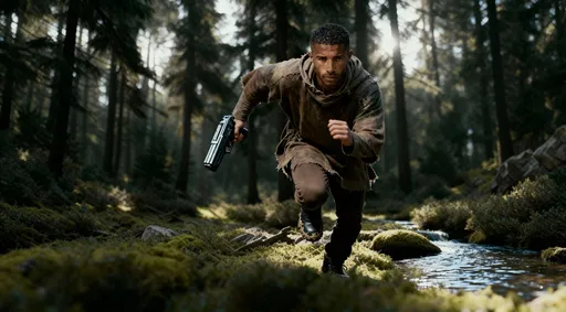 Prompt: cinematic scene. background forest is blurred due to shallow depth of field, shot with 105mm lens. close-up bust shot of the man. The tall man in IMG_2 is wearing IMG_3, carrying a small gun of IMG_4 with one hand in the forest of IMG_1. He is running forward fast. low depth of field. The tone of the man is IMG_1.