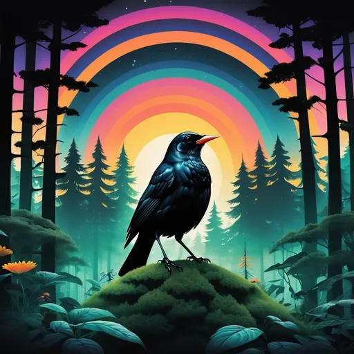 Prompt: Create an album art cover that shows a heroic blackbird.  the surrounding forest is a psychedelic futurist space. a new world