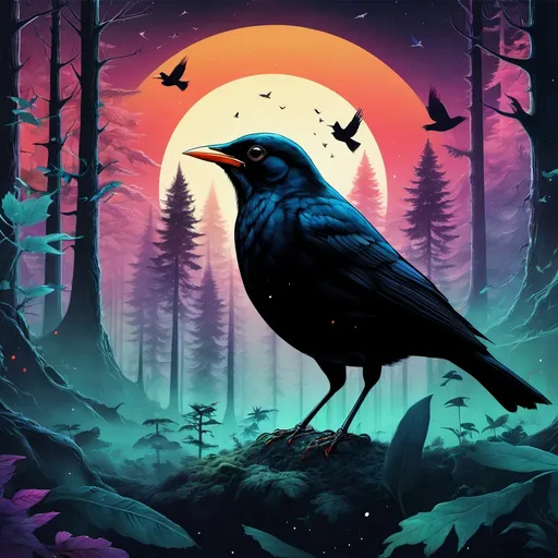 Prompt: Create an album art cover that shows a heroic blackbird. the surrounding forest is a psychedelic futurist space. a new world where the animal has just arrived.