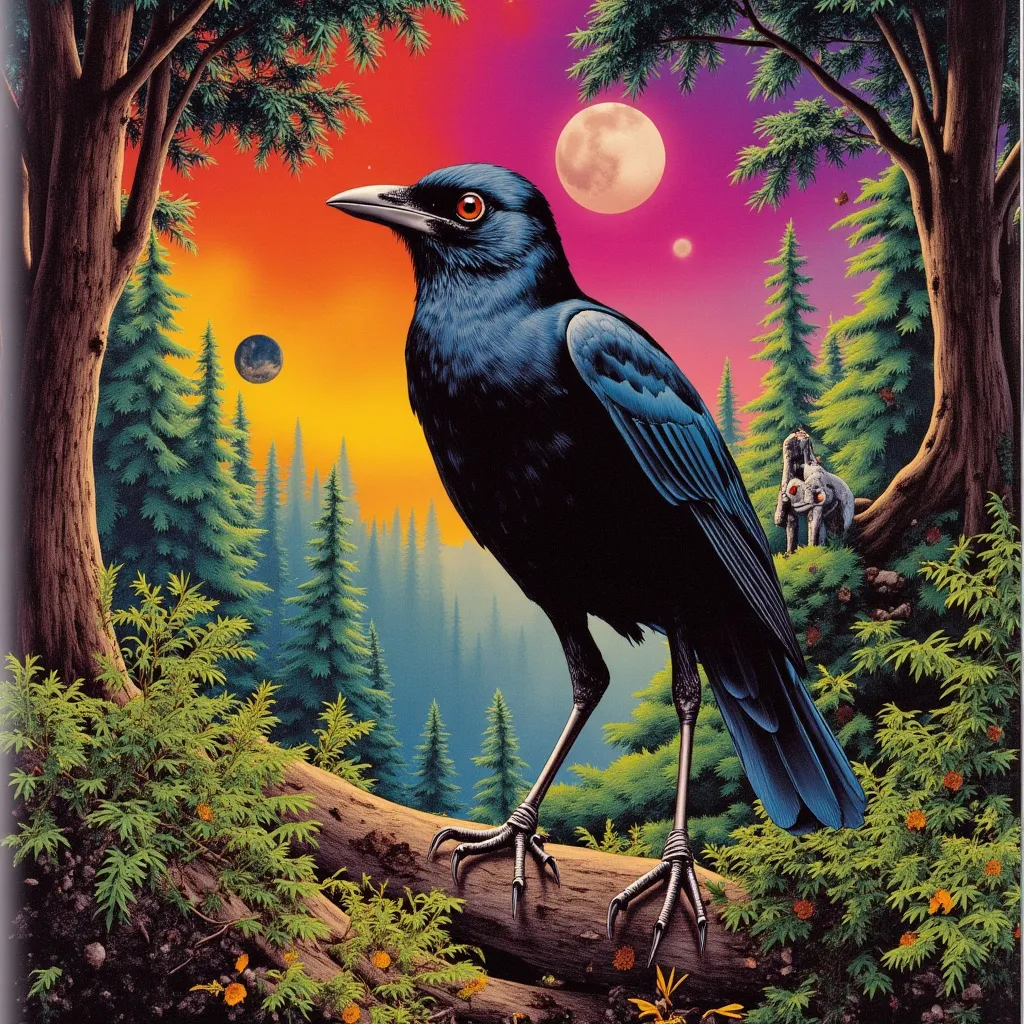 Prompt: Create an album art cover that shows a heroic blackbird. the surrounding forest is a psychedelic futurist space. a new world where the animal has just arrived.