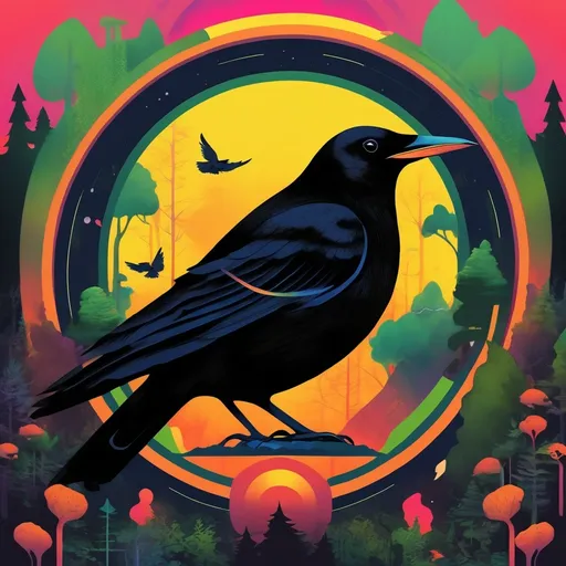 Prompt: Create an album art cover that shows a heroic blackbird. the surrounding forest is a psychedelic futurist space. a new world where the animal has just arrived.