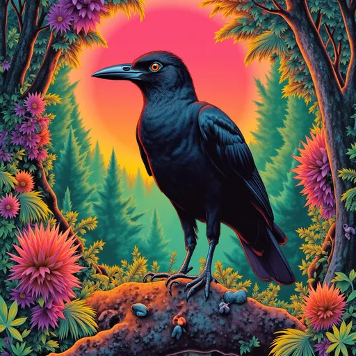 Prompt: Create an album art cover that shows a heroic blackbird. the surrounding forest is a psychedelic futurist space. a new world where the animal has just arrived.