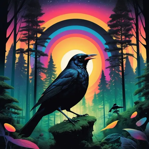 Prompt: Create an album art cover that shows a heroic blackbird.  the surrounding forest is a psychedelic futurist space. a new world