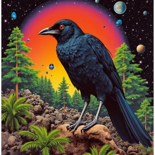 Prompt: Create an album art cover that shows a heroic blackbird. the surrounding forest is a psychedelic futurist space. a new world where the animal has just arrived.