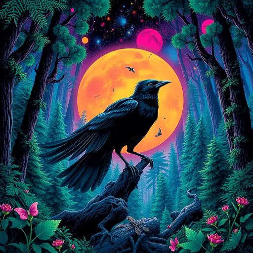 Prompt: Create an album art cover that shows a heroic blackbird. the surrounding forest is a psychedelic futurist space. a new world where the animal has just arrived.