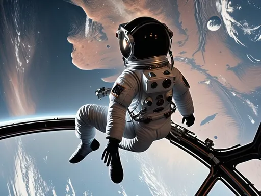 Prompt: Dress the boy in this image in astronaut suit floating in space near a space station 