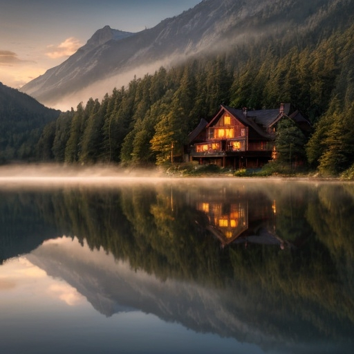 Prompt: large house that overviews a lake in the mountains 
