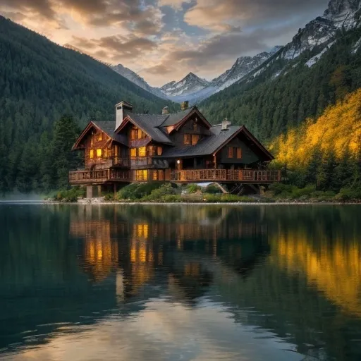 Prompt: large house that overviews a lake in the mountains 
