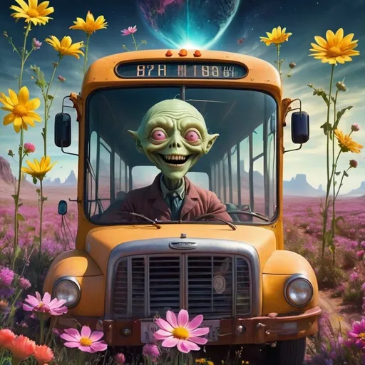 Prompt: The bus driver's face twisted into a sinister grin as he drives recklessly, ignoring traffic signals and rules. The photo was set in the 1 8 0 9 s on an alien planet with many strange wild flowers from space - time-time creatures around it like death but more than any other colors to