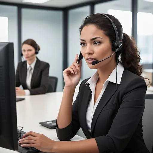 Prompt: Female customer service manager in professional attire, speaking on headset, natural lighting, Nikon camera shot, office setting, upset customer interaction, professional demeanor, modern office space, detailed facial expressions, high quality, realistic, natural lighting, headset, modern office, detailed expression, realistic, Nikon shot, natural light sources, genuine interaction, professional quality