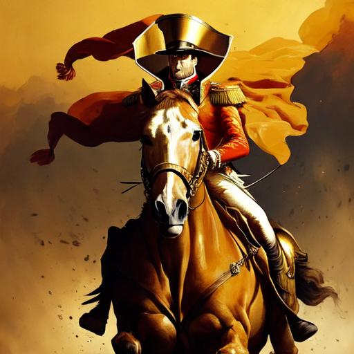 Prompt: Napoleon Bonaparte, in a horse, his horse is roaring ready to take off, epic moment, golden hour, cinematic painting, smooth, flat lighting 