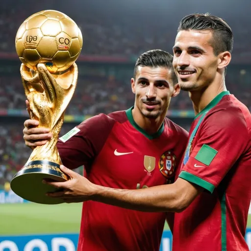 Prompt: a portugese football/soccer player with world cup trophy, ballon d'or and golden boot. Picture must be 680x240