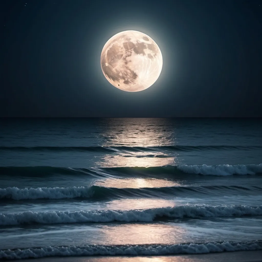 Prompt: Huge Full Moon  rising through the ocean with close view, stars shining in the sky, silent sea,