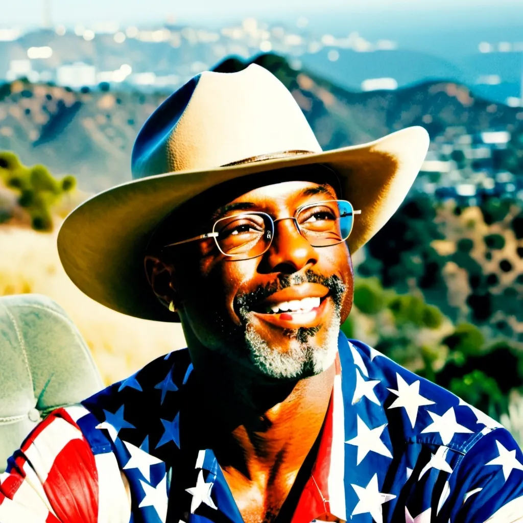 Prompt: A picture of Isaiah Washington in an american flag suit and american flag cowboy hat sitting in a director chair looking over the Hollywood sign