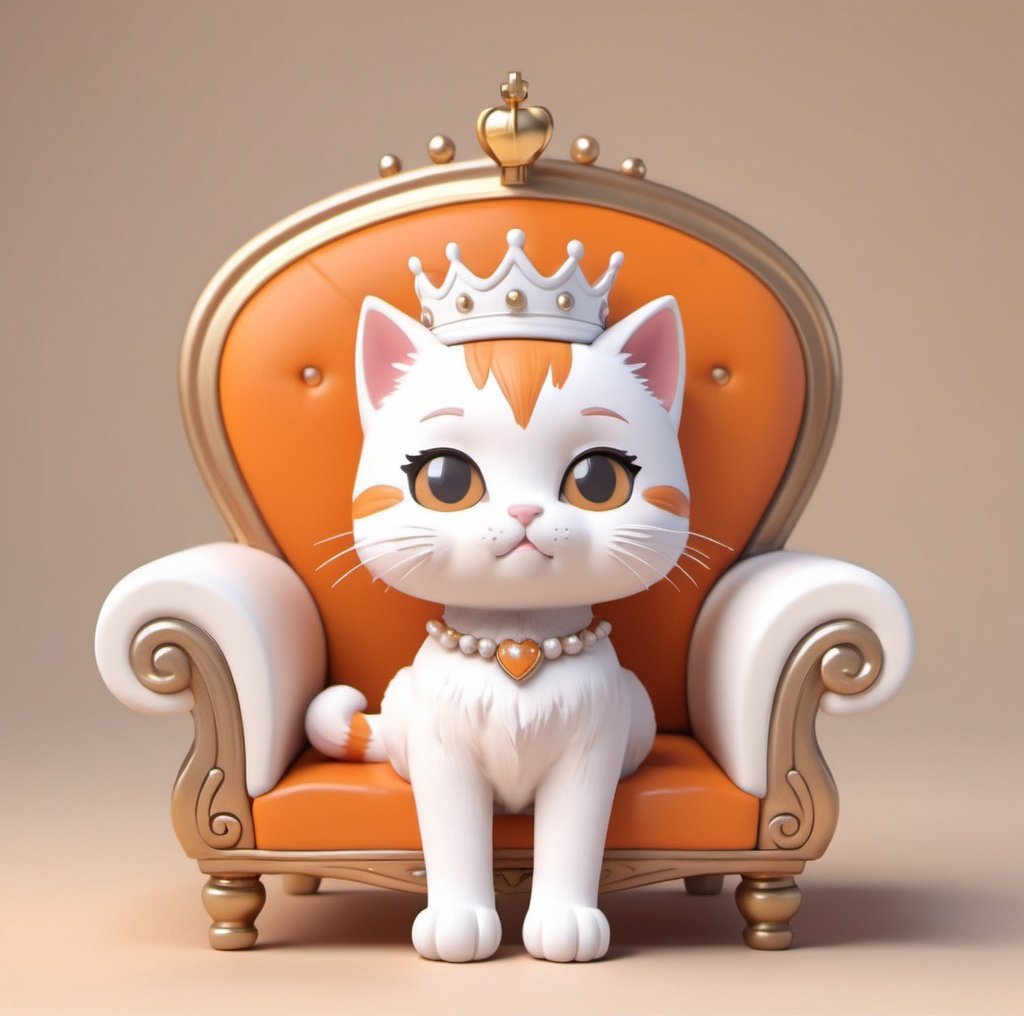 Prompt: kawaii 3D rendered, tiny cute chibi, full body, 1cat, sitting on couch, wearing a crown ,orange and white, beautiful whimsical contrast colors