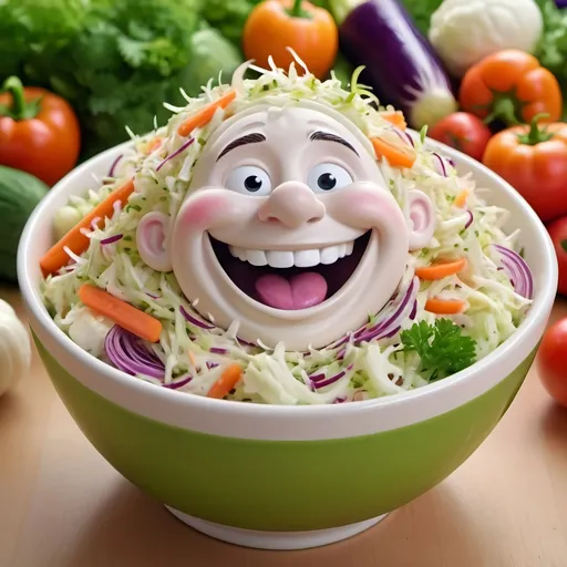 Prompt: Bowl of laughing coleslaw
