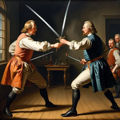 Prompt: Early 17th century Denmark, Danish noblemen dueling in a sword fight, crossed swords clashing, oil painting, dramatic lighting, rich textures, intense expressions, historical theme, high quality, detailed swords, traditional, intense drama, classic art style, vibrant colors, dynamic composition