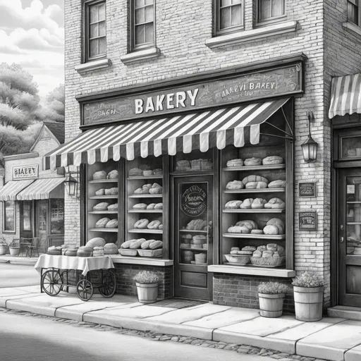 Prompt: (black and white), charming vintage brick bakery shop, rustic sidewalk flanked with quaint details, large windows revealing intricate machines and ovens, illustrative style, nostalgic ambiance, charming outdoor scenery, texture-rich design featuring weathered bricks, classic bakery sign overhead, inviting atmosphere that evokes warmth and nostalgia, ultra-detailed aesthetic, perfect for a coloring book illustration.