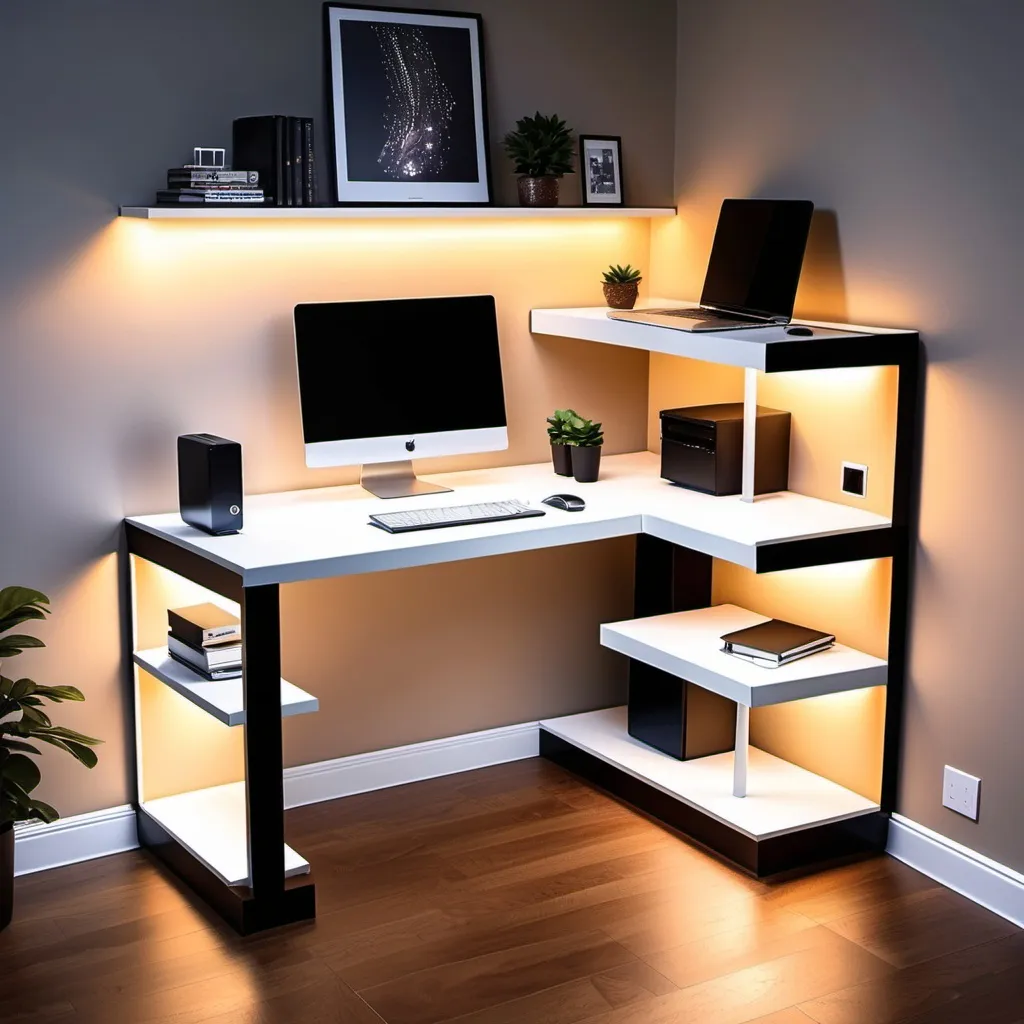 Prompt: Creat a computer desk shaped like an l with led lights and outlets and usb ports, also with shelves 