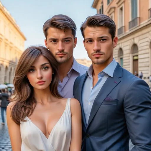 Prompt: A beautiful woman  in love with two handsome brothers in rome and paris