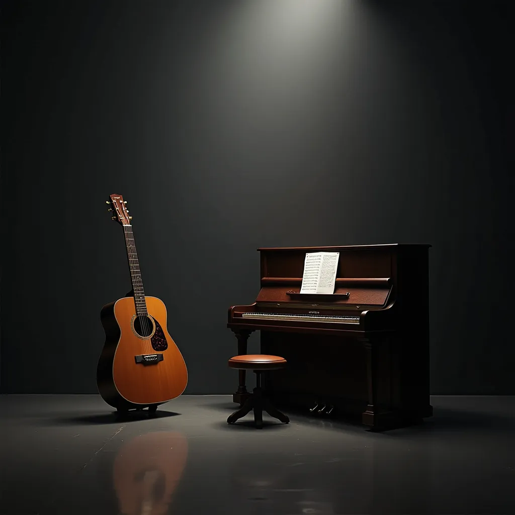 Prompt: acoustic guitar and piano
in a dark, grey area
