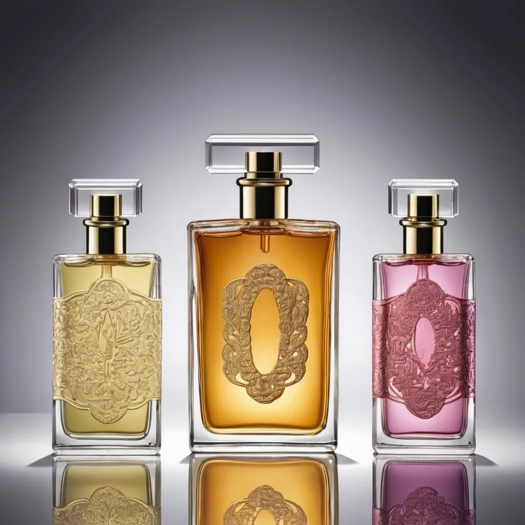 Prompt: HANUN PERFUMES FOR WOMEN embossed on perfume bottles.