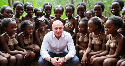 Prompt: Yevgeny Prigozhin sits surrounded by a tribe of African girls by the fire