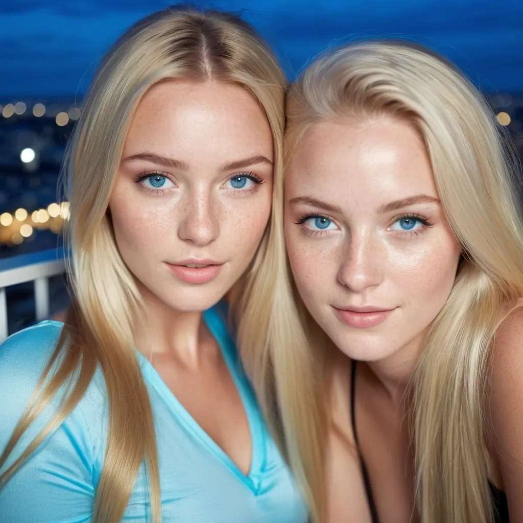 Prompt: 2 girls, 15, long blonde hair, bright blue eyes, on vacation, short tight clothes, sleepwear, bright lights, freckles, alluring, beautiful, Scandinavian, simple jewelry, close up, balcony, paris