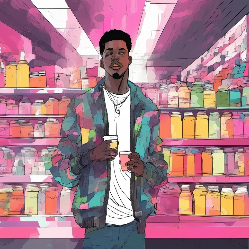 Prompt: a young black man standing in a store holding a double cup of juice in his mouth and looking at the camera, Esaias Boursse, abstract illusionism, cinematic still, a picture