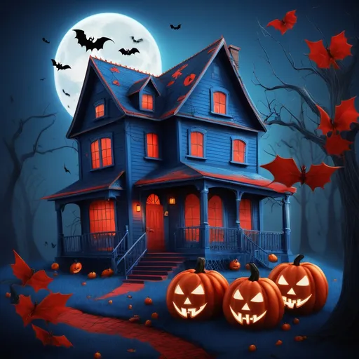 Prompt: HOuse cleaning company Sweet Home greeting its householders with Helloween. Cozy. No scary elements. Love. blue and red