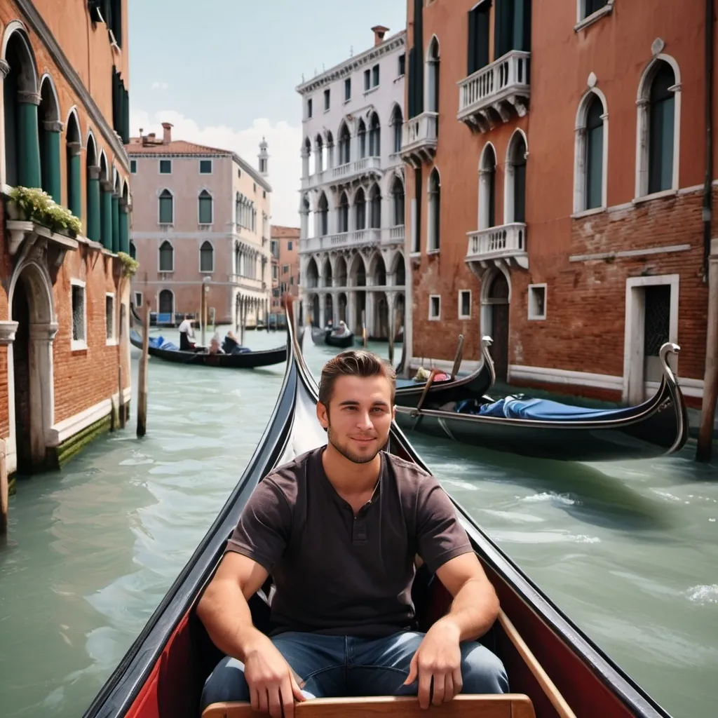 Prompt: create a picture of  someone riding a gondola in Venice Italy using photorealism style

