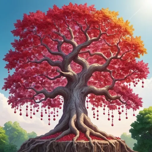 Prompt: a mighty 
tree in the high sky.its leaves made up of pearls and ruby.large and thick branches.multicolor leaves