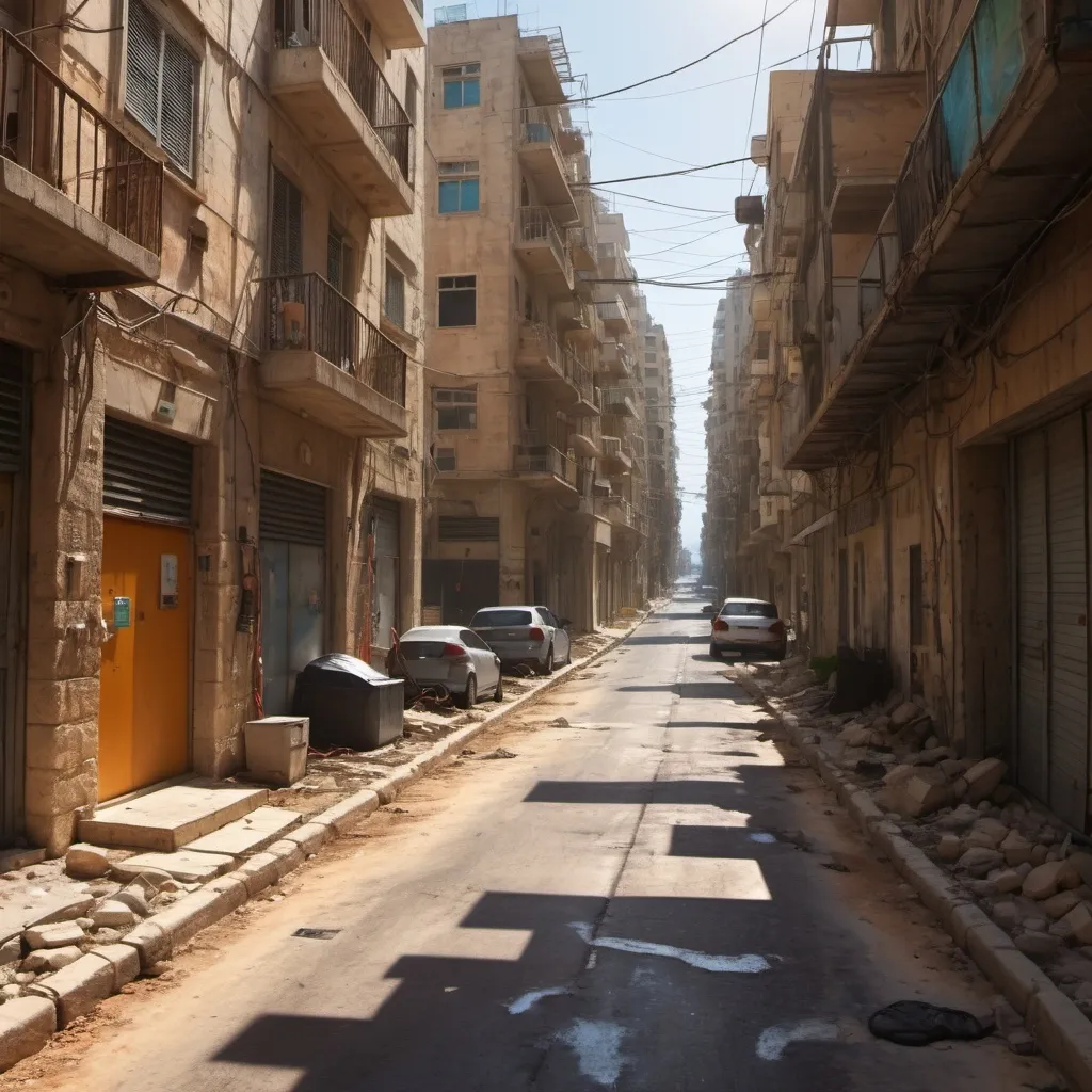 Prompt: A road in an alley in Beirut that has bumps and potholes. 17 electric cords on 1 electricity pole. Solar panels on building's roofs.