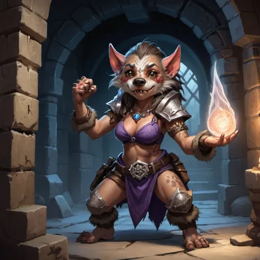 Prompt: A female gnoll and gnome hybrid mage flexing a spell while standing in a dungeon entrace viewed from the inside out.